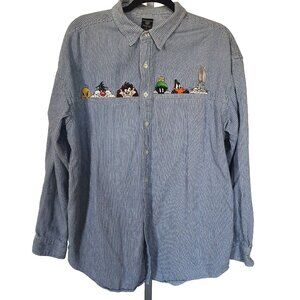 Warner Bros Vintage Looney Tunes Striped Blue Button Up Size XL Embroidered Girl